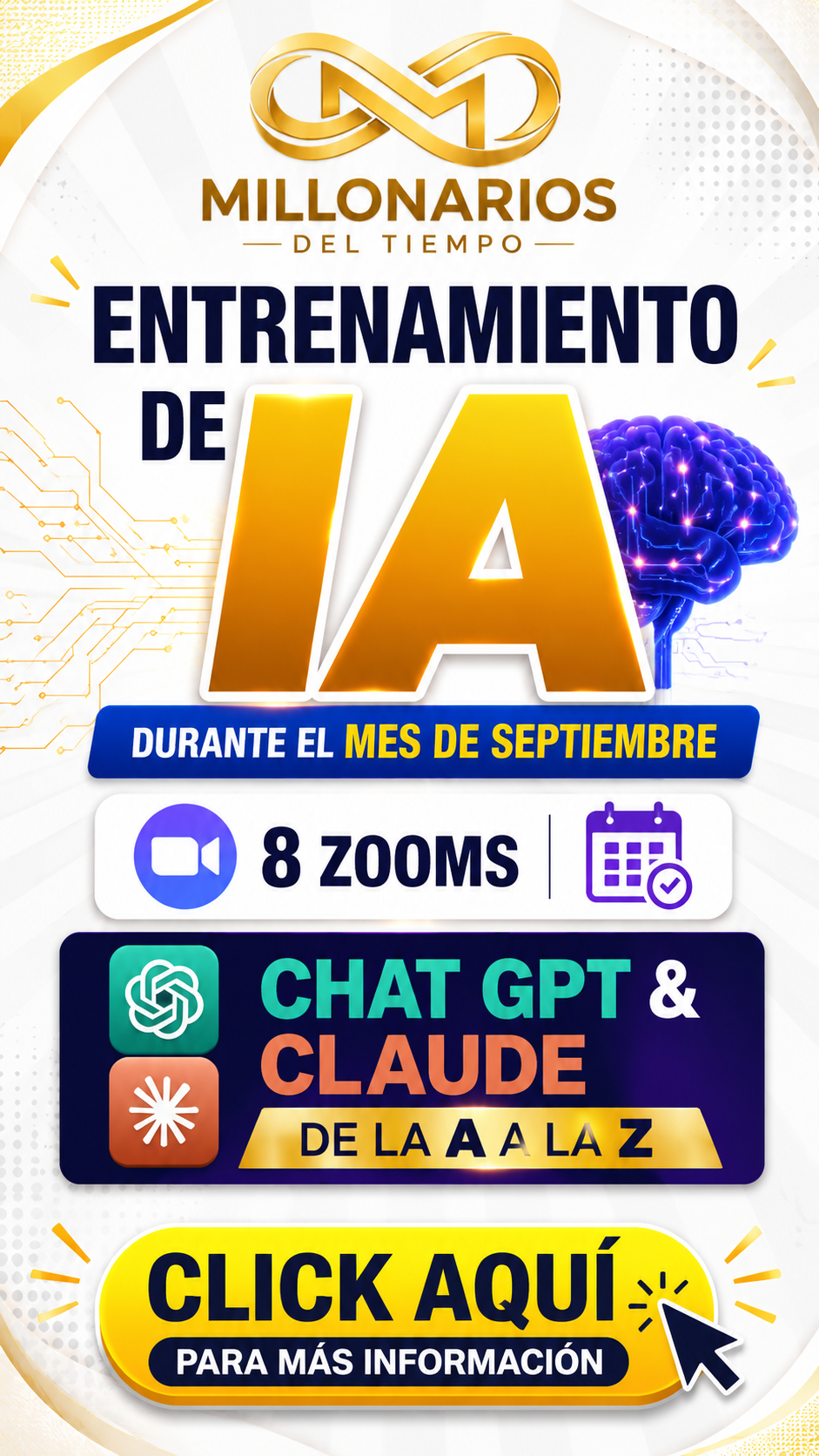 Flyer del Entrenamiento de Inteligencia Artificial durante septiembre: 8 sesiones por Zoom sobre ChatGPT y Claude