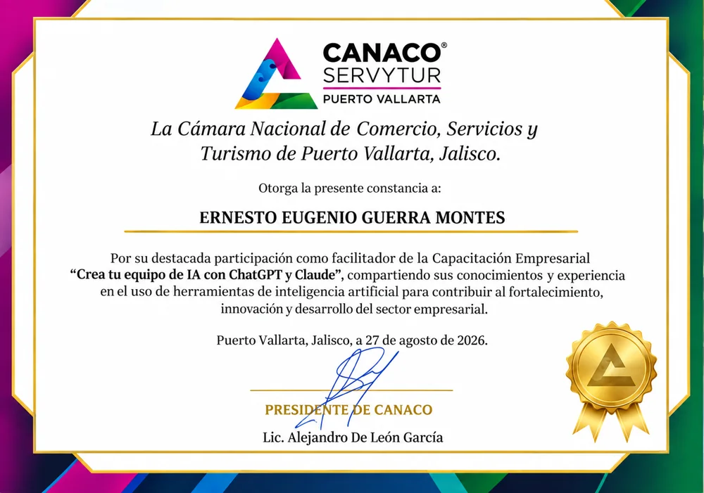 Constancia de CANACO SERVYTUR Puerto Vallarta por la capacitación empresarial en IA