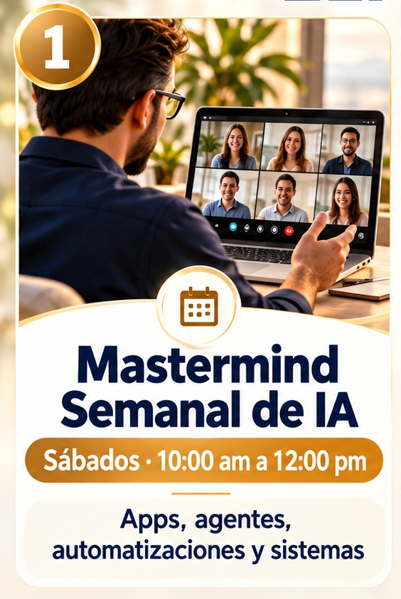 Opción 1: Mastermind Semanal de IA. Sábados de 10:00 am a 12:00 pm. Apps, agentes, automatizaciones y sistemas.